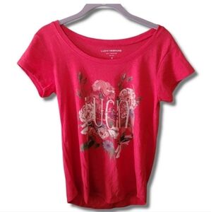 Lucky Brand Red Rose Graphic cap sleeve T-shirt cotton Women fitted S moto boho